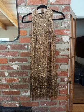Adrianna Papell Gold Sequin Fringe Mini Dress